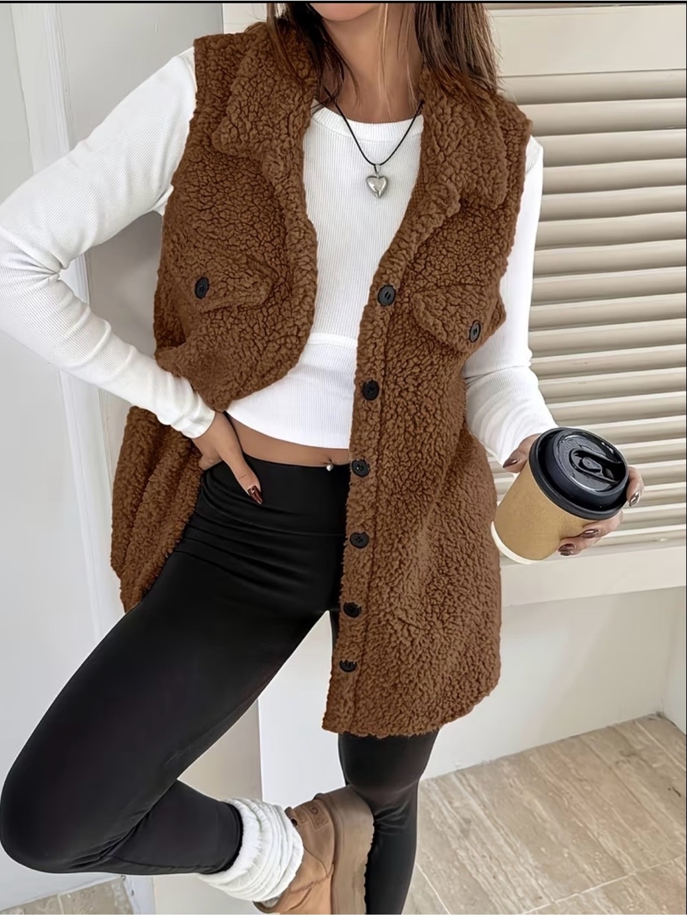 Long Tan Fuzzy Vest, Sherpa Vest with Buttons